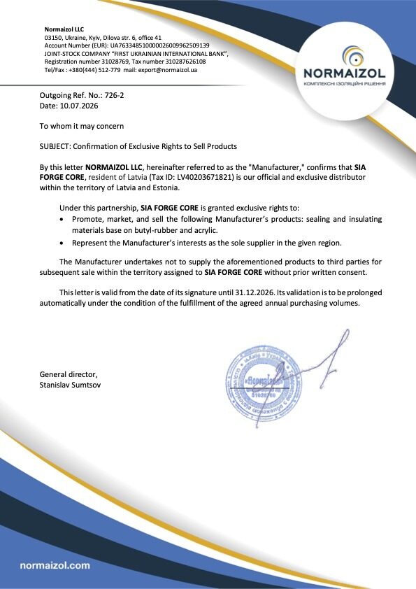 Normaizol LLC vēstule, kas apliecina SIA Forge Core kā oficiālo un ekskluzīvo ALENOR izplatītāju Latvijā un Igaunijā